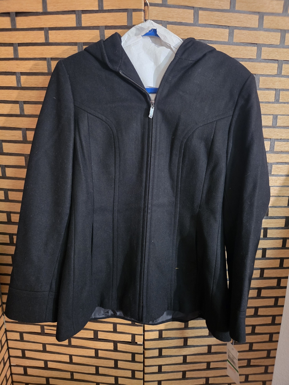 Women's Black Hooded Pea Coat - Sleek Zip Front